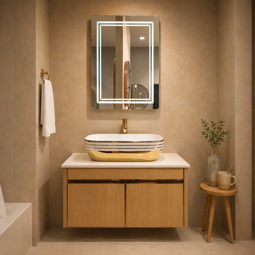 Premium Teak Wood Finish Wall Mounted Stainless Steel Vanity SS304 (24x18.5 inch) "Complete Set"