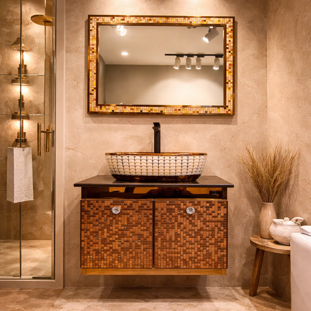 Premium Rose Gold Finish with Mosaic Pattern Wall Mounted Stainless Steel Vanity SS304 (24x18.5 inch) "Complete Set"