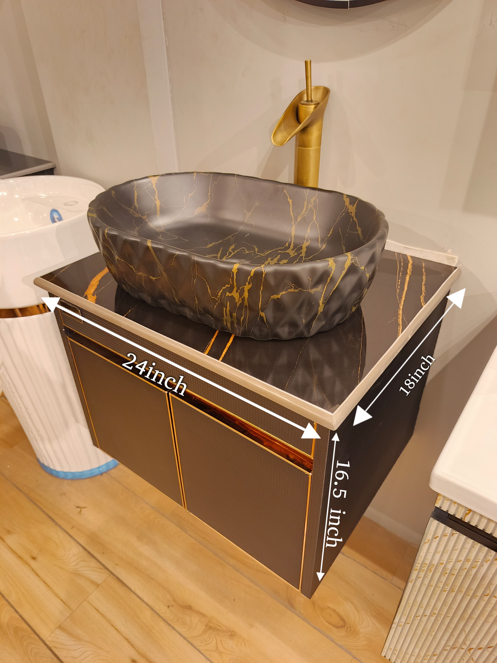 Premium Wall Mounted Stainless Steel Vanity with Black CNC Pattern & Rose gold Detailing in SS304 material (24x18.5 inch) "Complete Set"