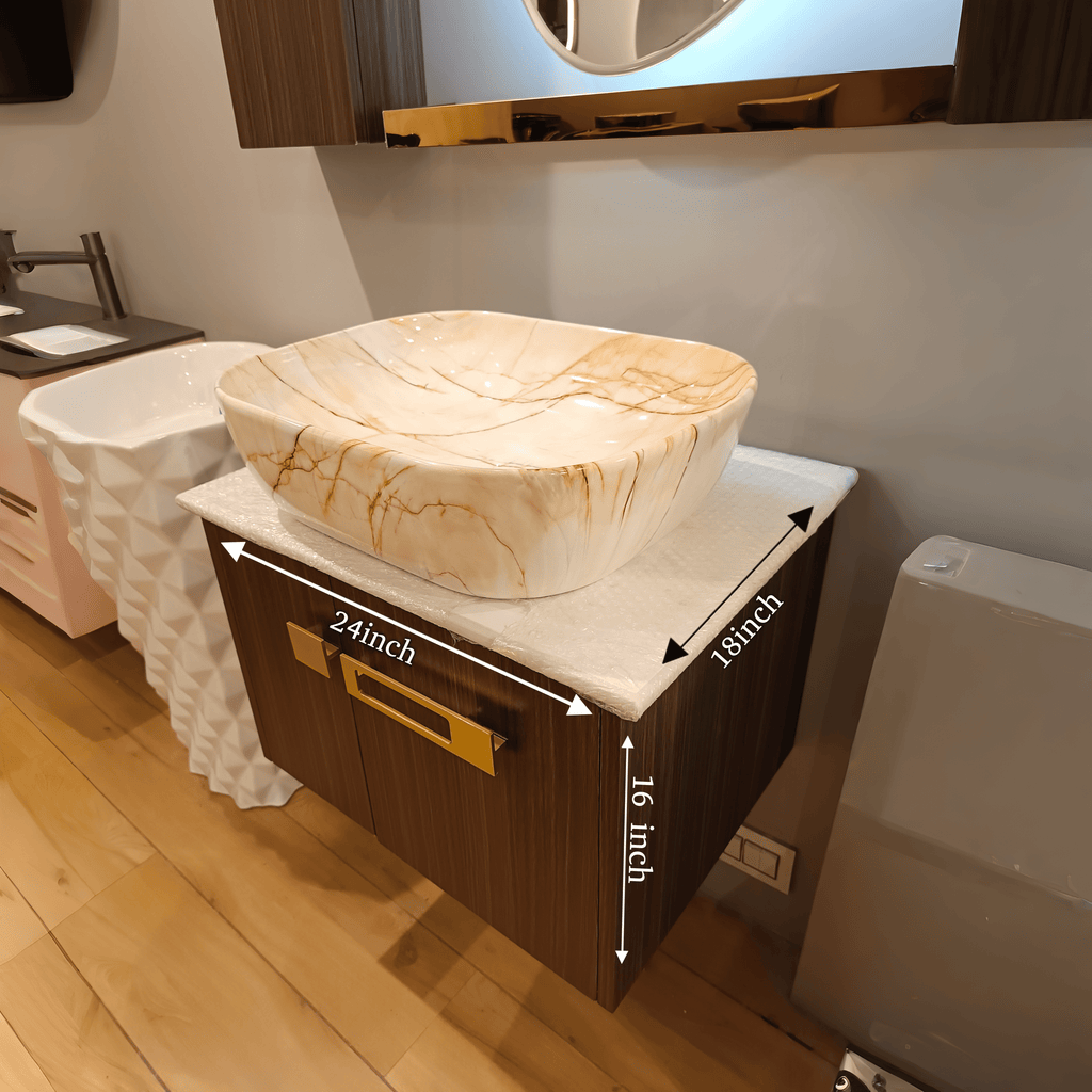 premium Teak Wood Finish Wall Mounted Stainless Steel Vanity SS304 (24x18.5 inch) "Complete Set"