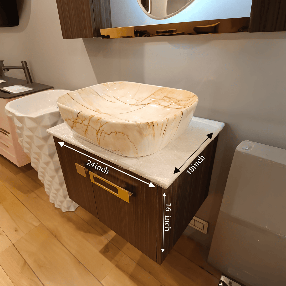 premium Teak Wood Finish Wall Mounted Stainless Steel Vanity SS304 (24x18.5 inch) "Complete Set"