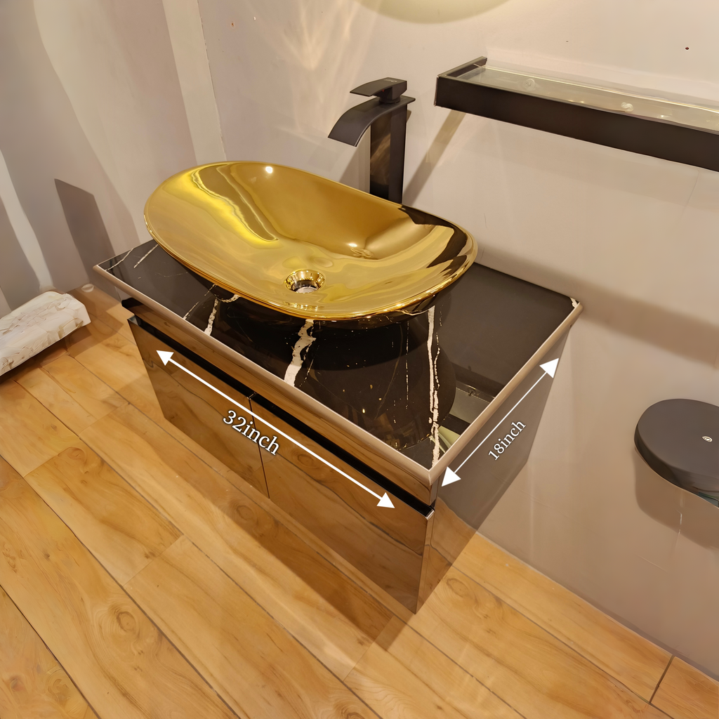 Black Mirror Gloss Finish Wall Mounted Stainless Steel Vanity with Rose Gold detailing SS304 (32x18.5 inch) "Complete Set"