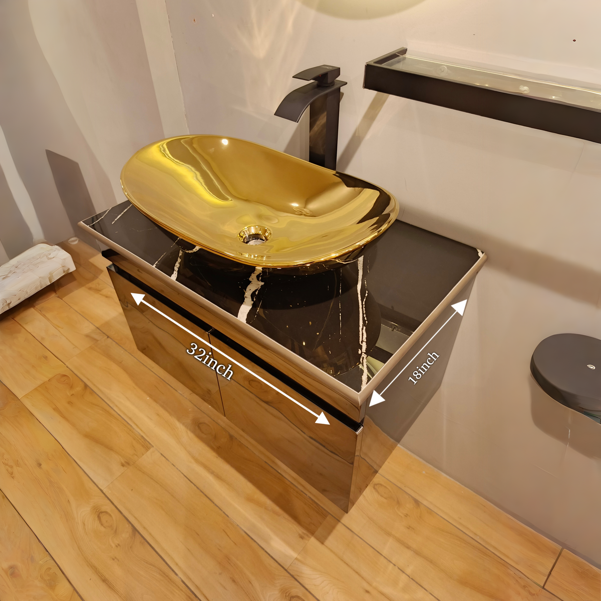 Black Mirror Gloss Finish Wall Mounted Stainless Steel Vanity with Rose Gold detailing SS304 (32x18.5 inch) "Complete Set"