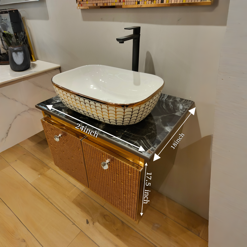 Premium Rose Gold Finish with Mosaic Pattern Wall Mounted Stainless Steel Vanity SS304 (24x18.5 inch) "Complete Set"