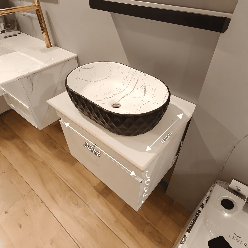 White with Pine wood Finish Wall Mounted Stainless Steel Vanity SS304 (24x18.5 inch) "Complete Set"
