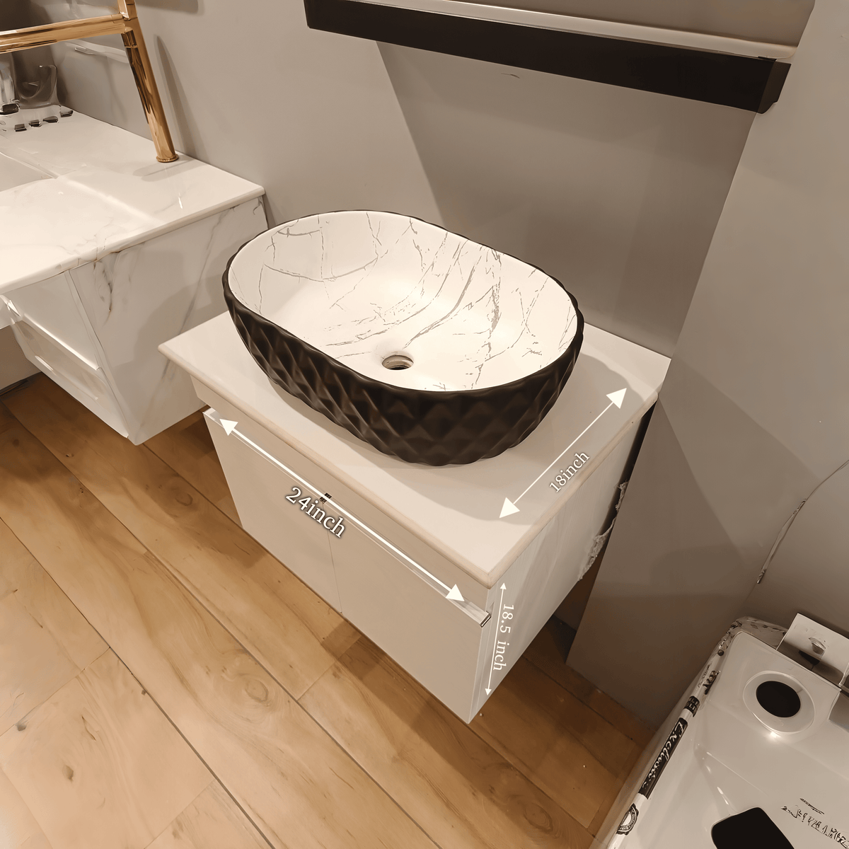 White with Pine wood Finish Wall Mounted Stainless Steel Vanity SS304 (24x18.5 inch) "Complete Set"