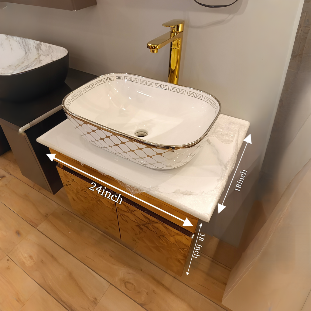 Diamond Cut Style Wall Mounted Stainless Steel Vanity in Rose Gold Finish SS304 (24x18.5 inch) "Complete Set"