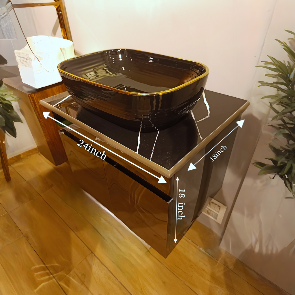 Black Mirror Gloss Finish Wall Mounted Stainless Steel Vanity SS304 (24x18.5 inch) "Complete Set"