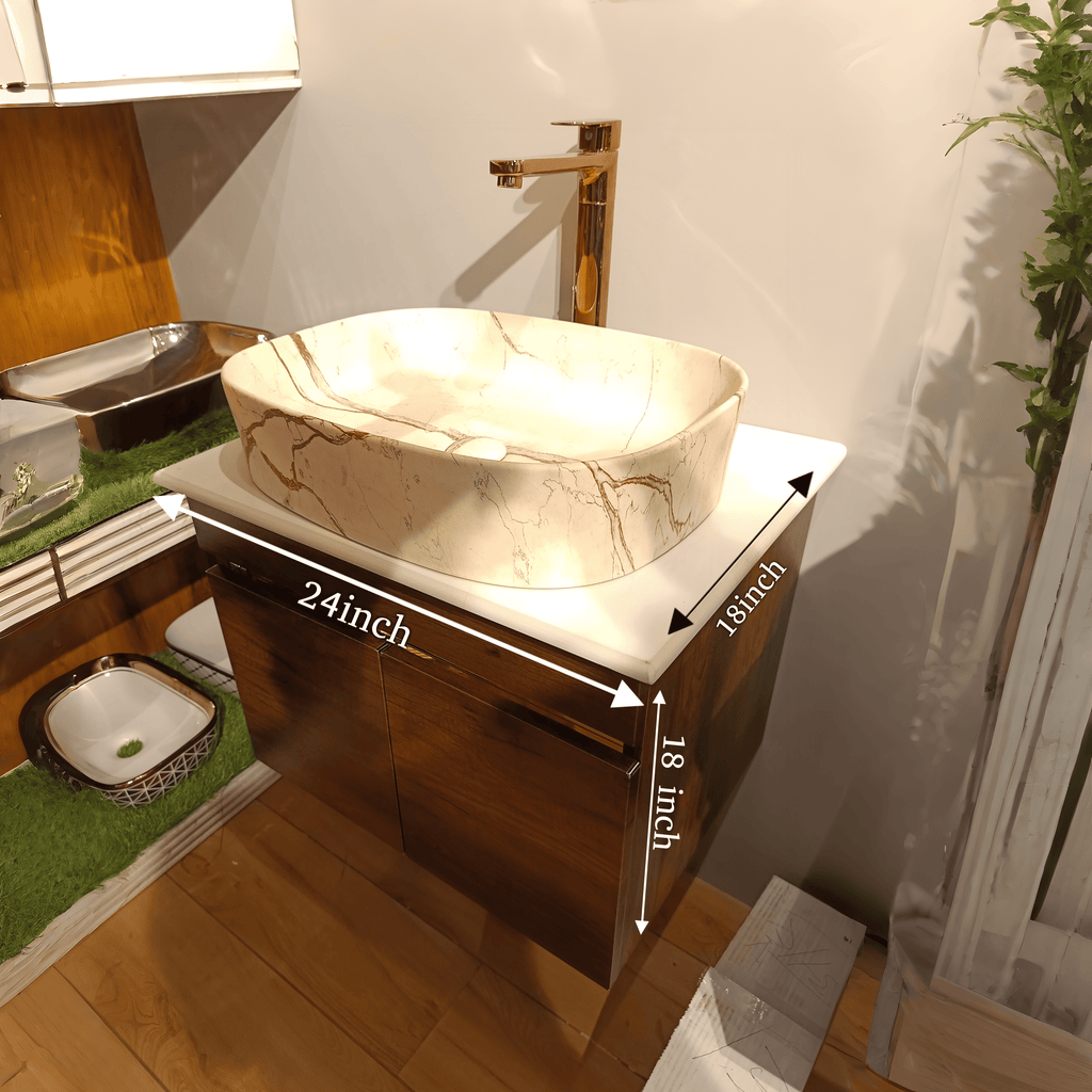 Teak Wood Finish WALL MOUNTED Stainless Steel Vanity SS304 (24x18.5 inch) "Complete Set"