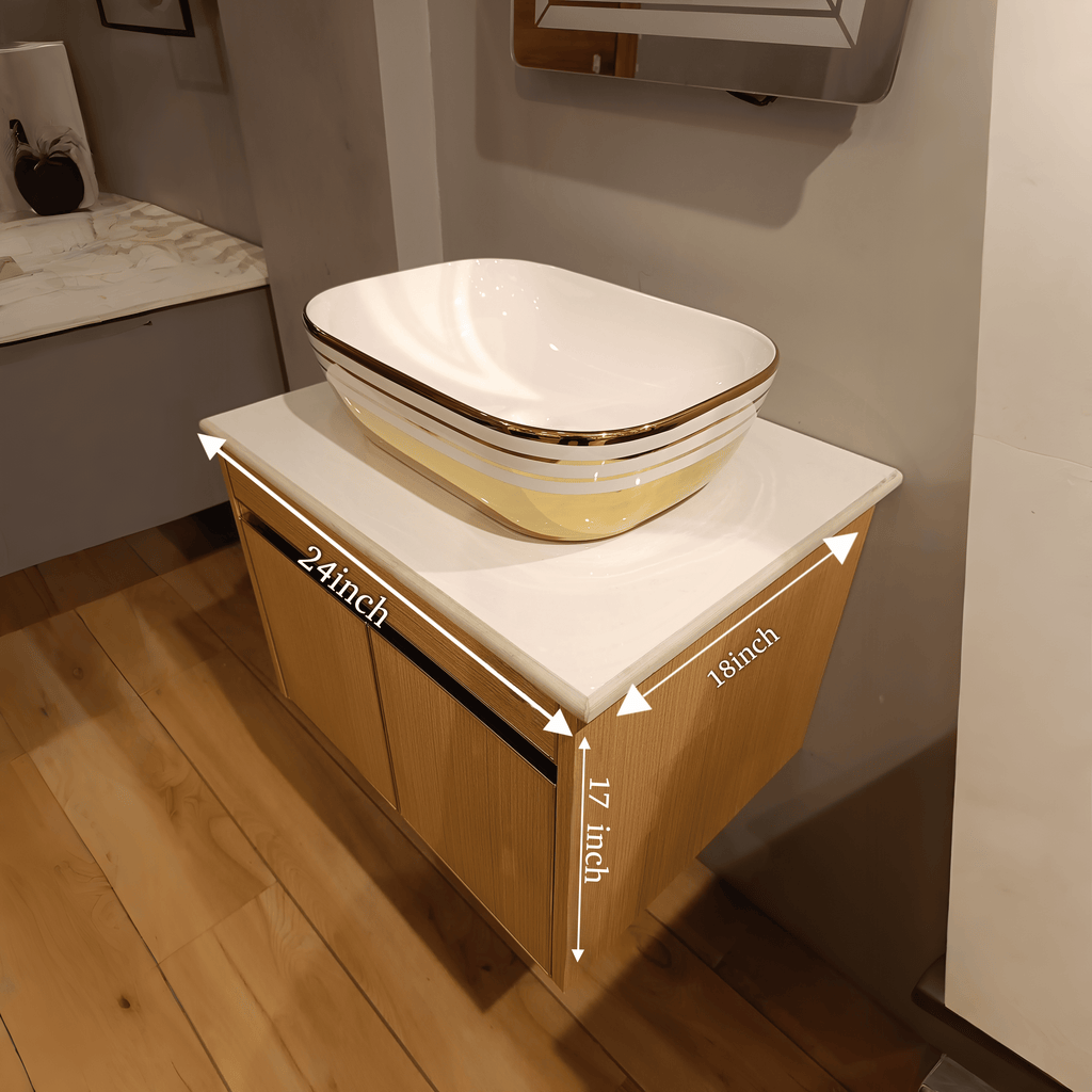 Premium Teak Wood Finish Wall Mounted Stainless Steel Vanity SS304 (24x18.5 inch) "Complete Set"