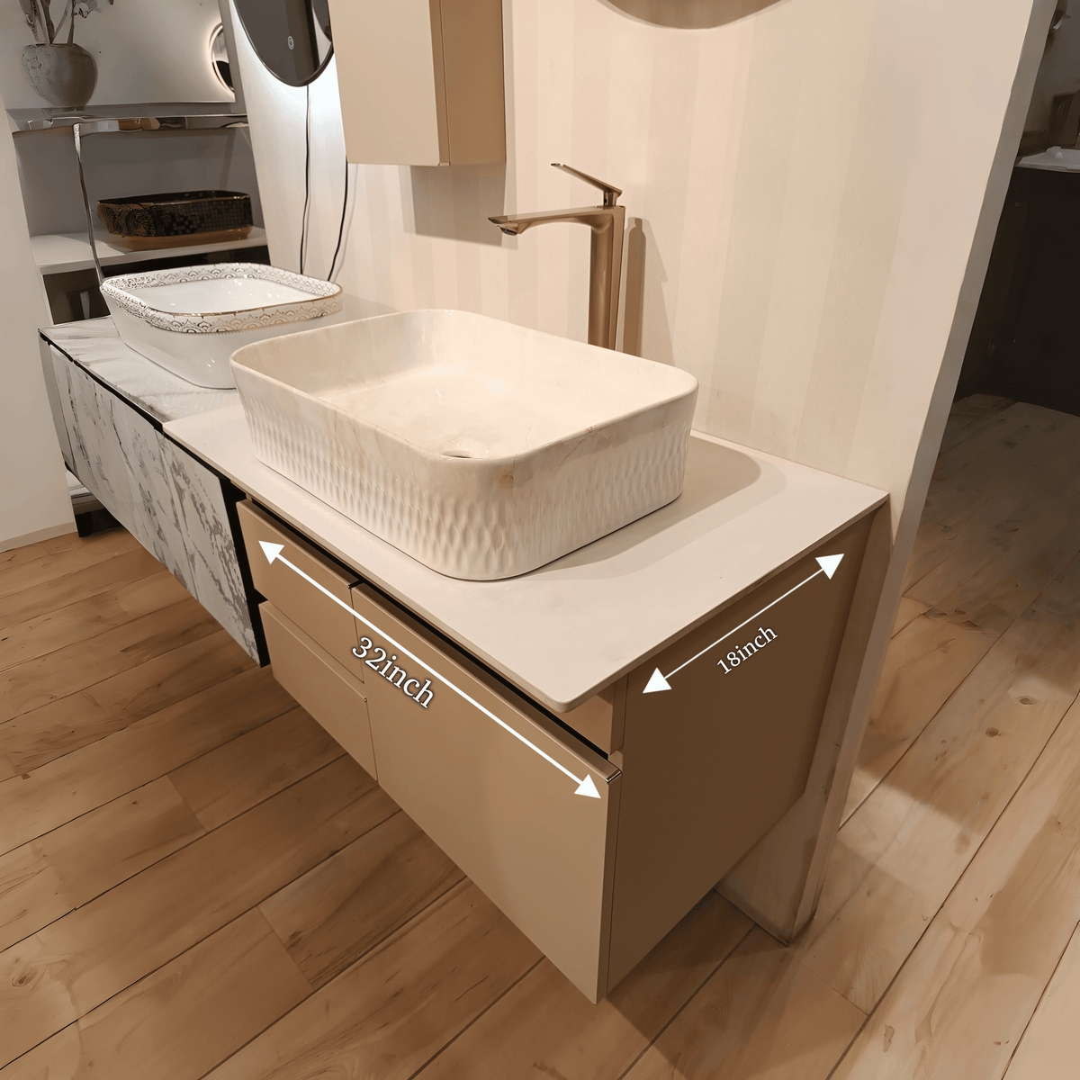 Premium Beige Finish Wall Mounted Stainless Steel Vanity SS304 with rose gold detailing (32x18.5 inch) "Complete Set"