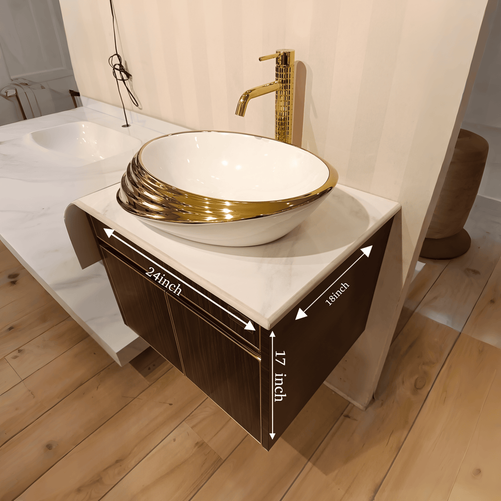 Teak Wood Finish Wall Mounted Stainless Steel Vanity SS304 (24x18.5 inch) "Complete Set"