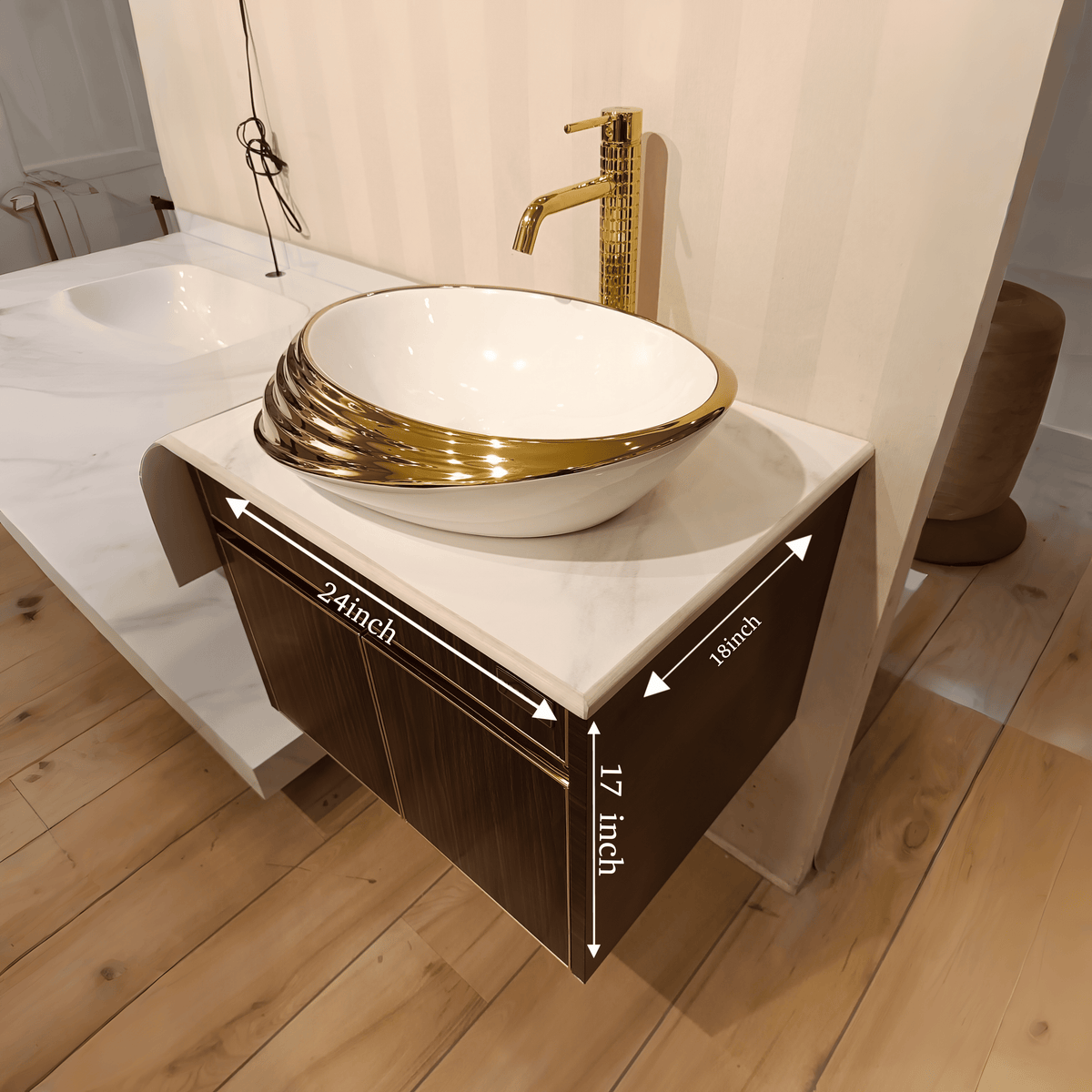 Teak Wood Finish Wall Mounted Stainless Steel Vanity SS304 (24x18.5 inch) "Complete Set"