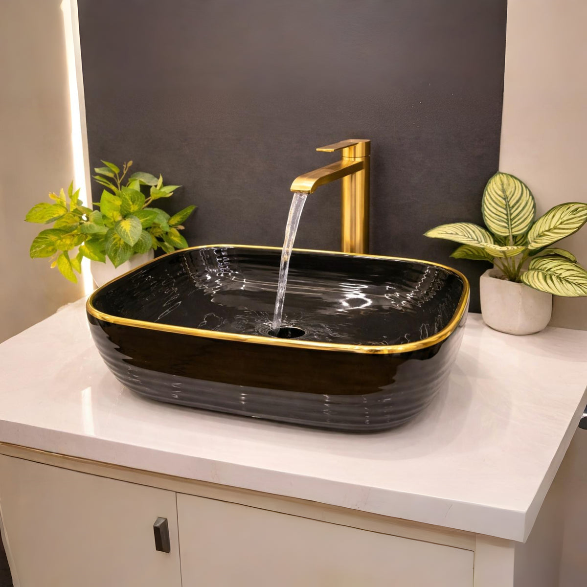 Black Mirror Gloss Finish Wall Mounted Stainless Steel Vanity SS304 (24x18.5 inch) "Complete Set"