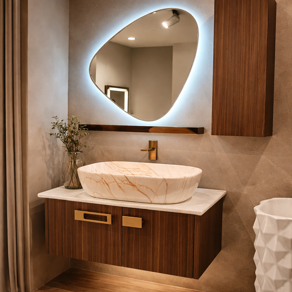 premium Teak Wood Finish Wall Mounted Stainless Steel Vanity SS304 (24x18.5 inch) "Complete Set"