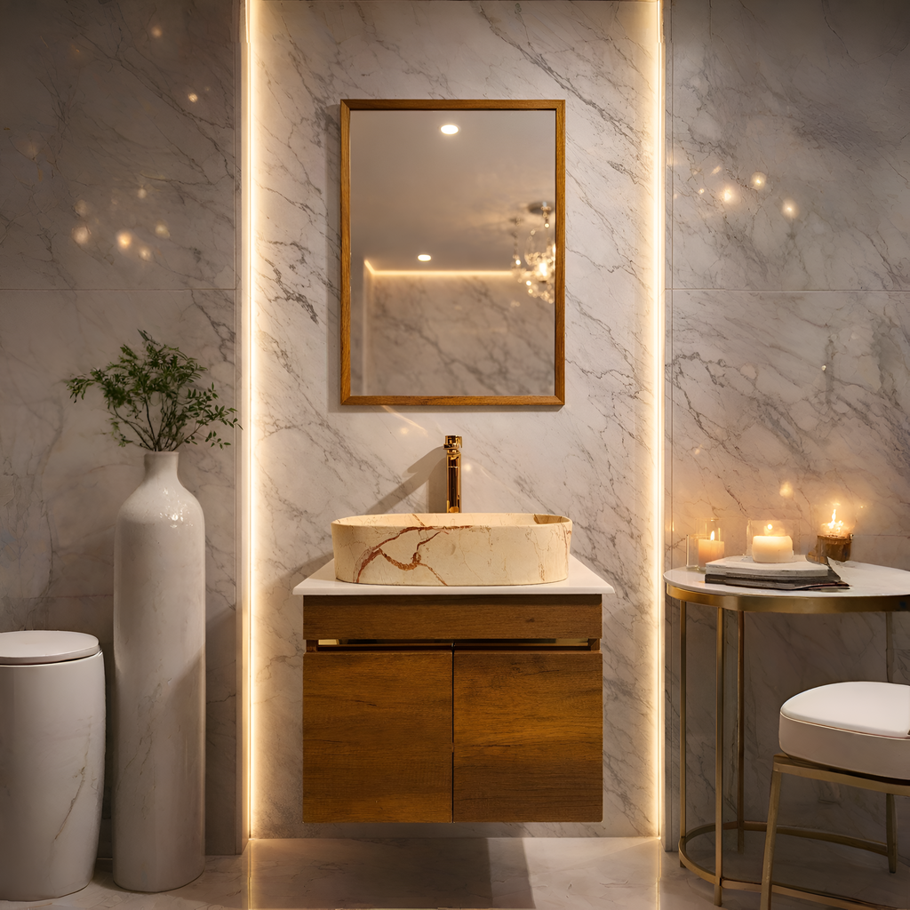 Teak Wood Finish WALL MOUNTED Stainless Steel Vanity SS304 (24x18.5 inch) "Complete Set"