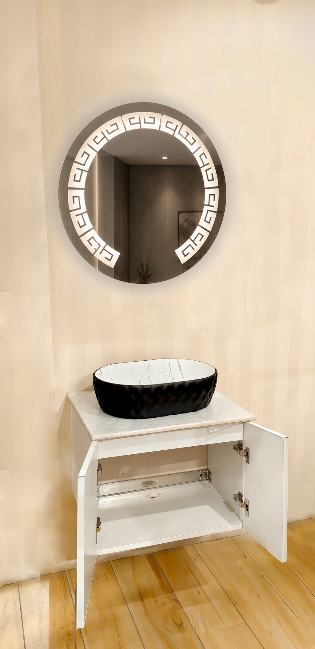 Premium Teeth White Finish Wall Mounted Stainless Steel Vanity SS304 with black detailing (24x18.5 inch) "Complete Set"