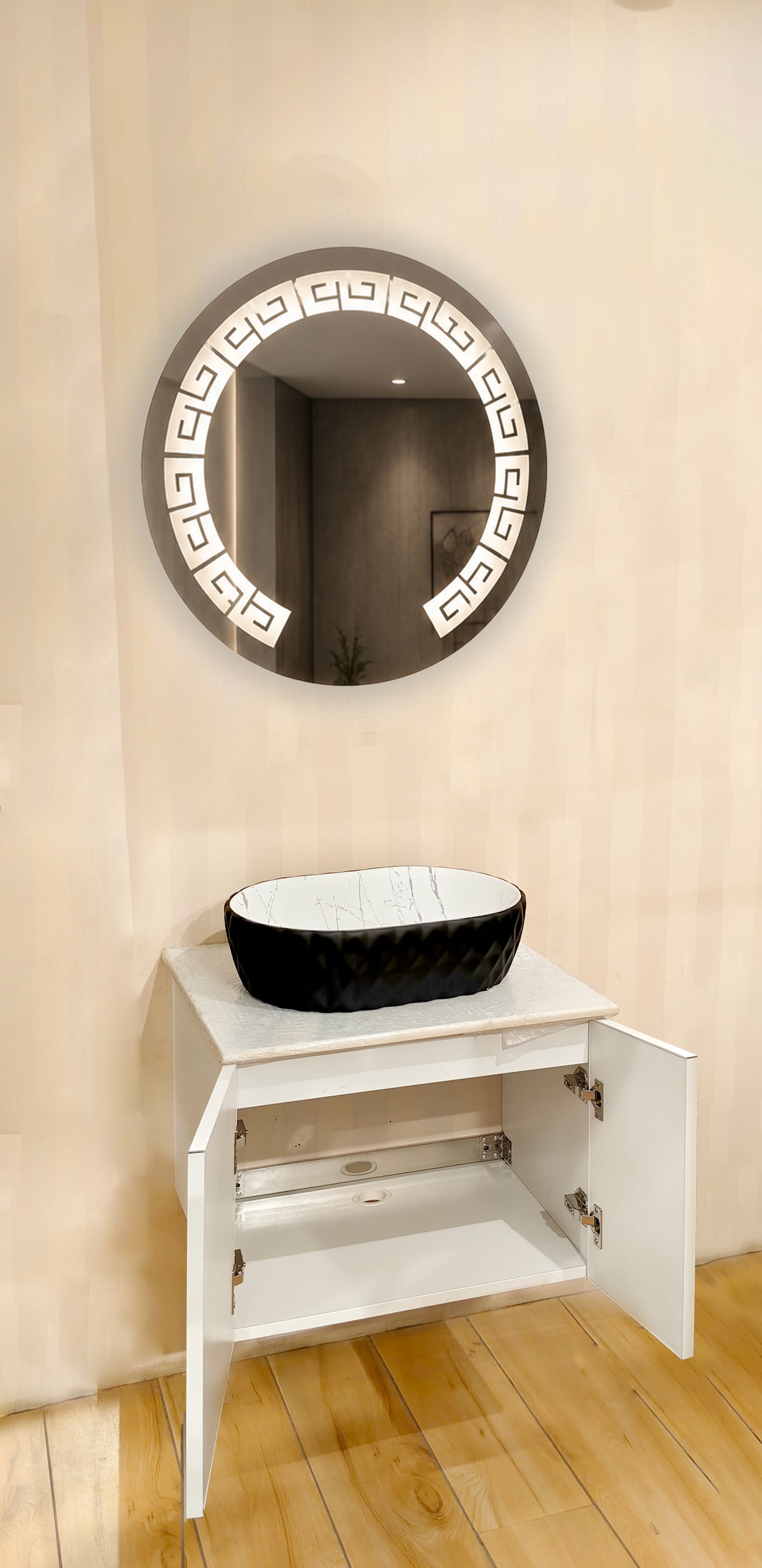 Premium Teeth White Finish Wall Mounted Stainless Steel Vanity SS304 with black detailing (24x18.5 inch) "Complete Set"