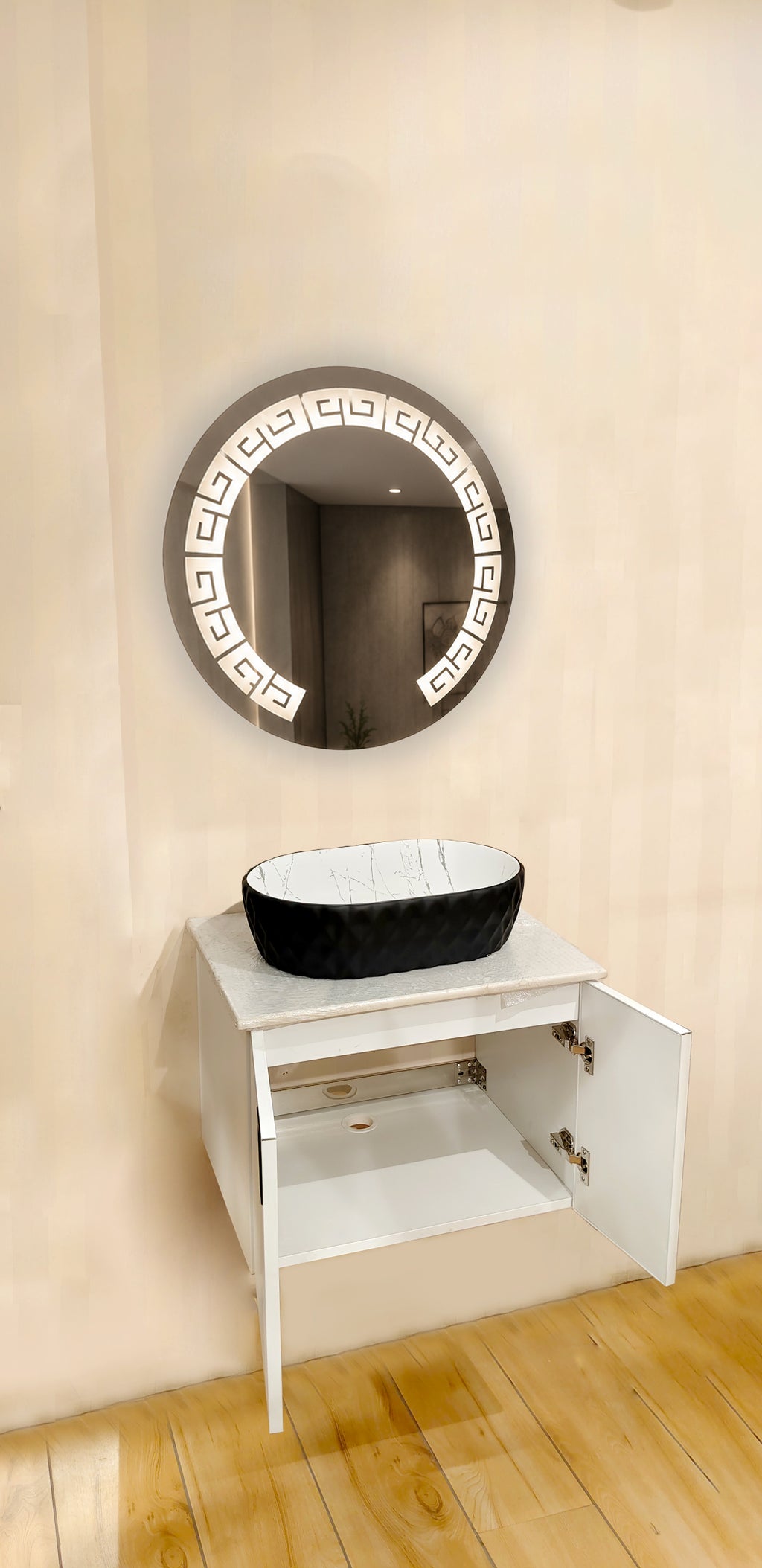 Premium Teeth White Finish Wall Mounted Stainless Steel Vanity SS304 with black detailing (24x18.5 inch) "Complete Set"