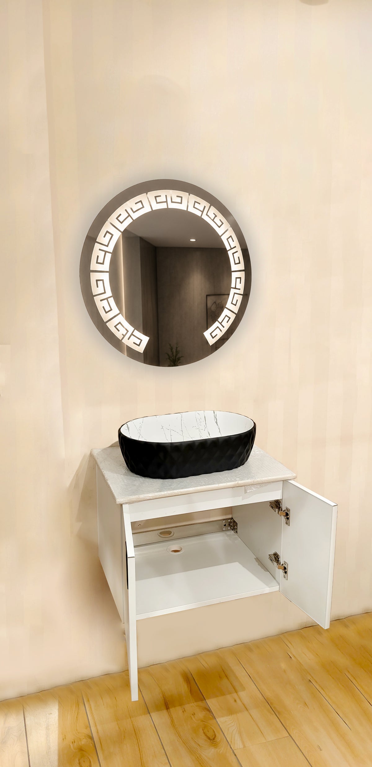 Premium Teeth White Finish Wall Mounted Stainless Steel Vanity SS304 with black detailing (24x18.5 inch) "Complete Set"