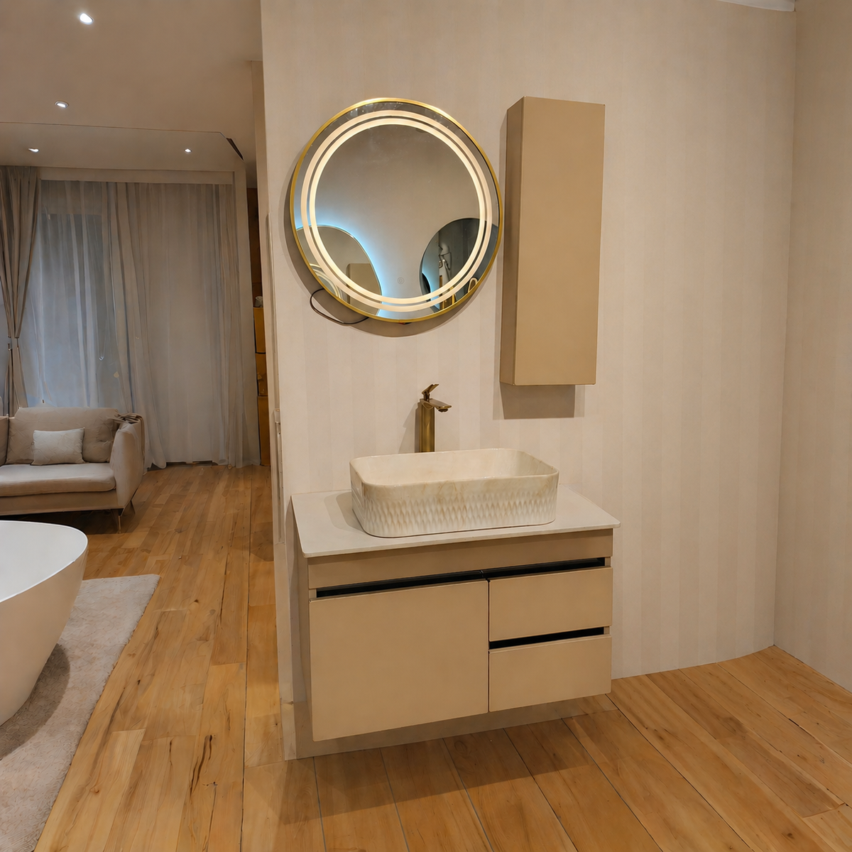 Premium Beige Finish Wall Mounted Stainless Steel Vanity SS304 with rose gold detailing (32x18.5 inch) "Complete Set"