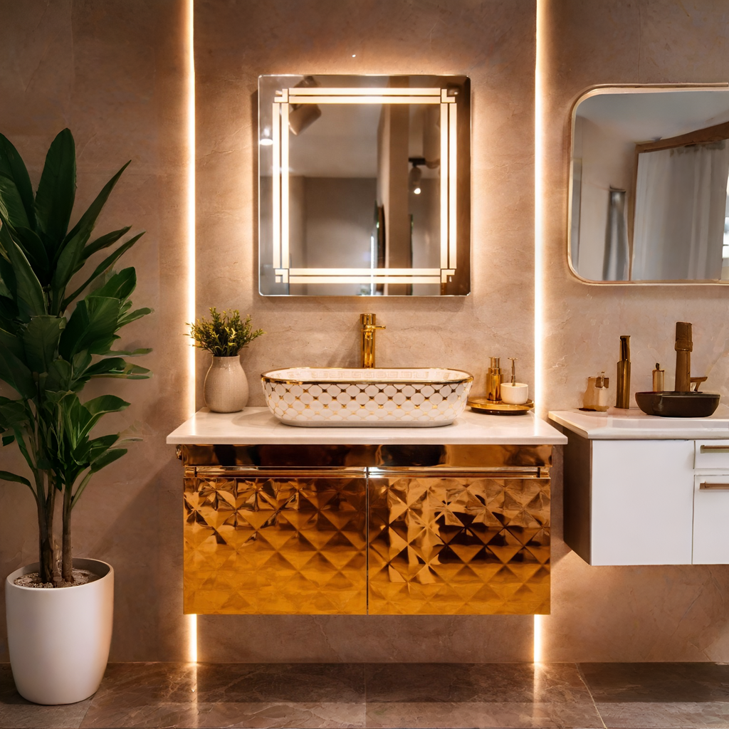 Diamond Cut Style Wall Mounted Stainless Steel Vanity in Rose Gold Finish SS304 (24x18.5 inch) "Complete Set"