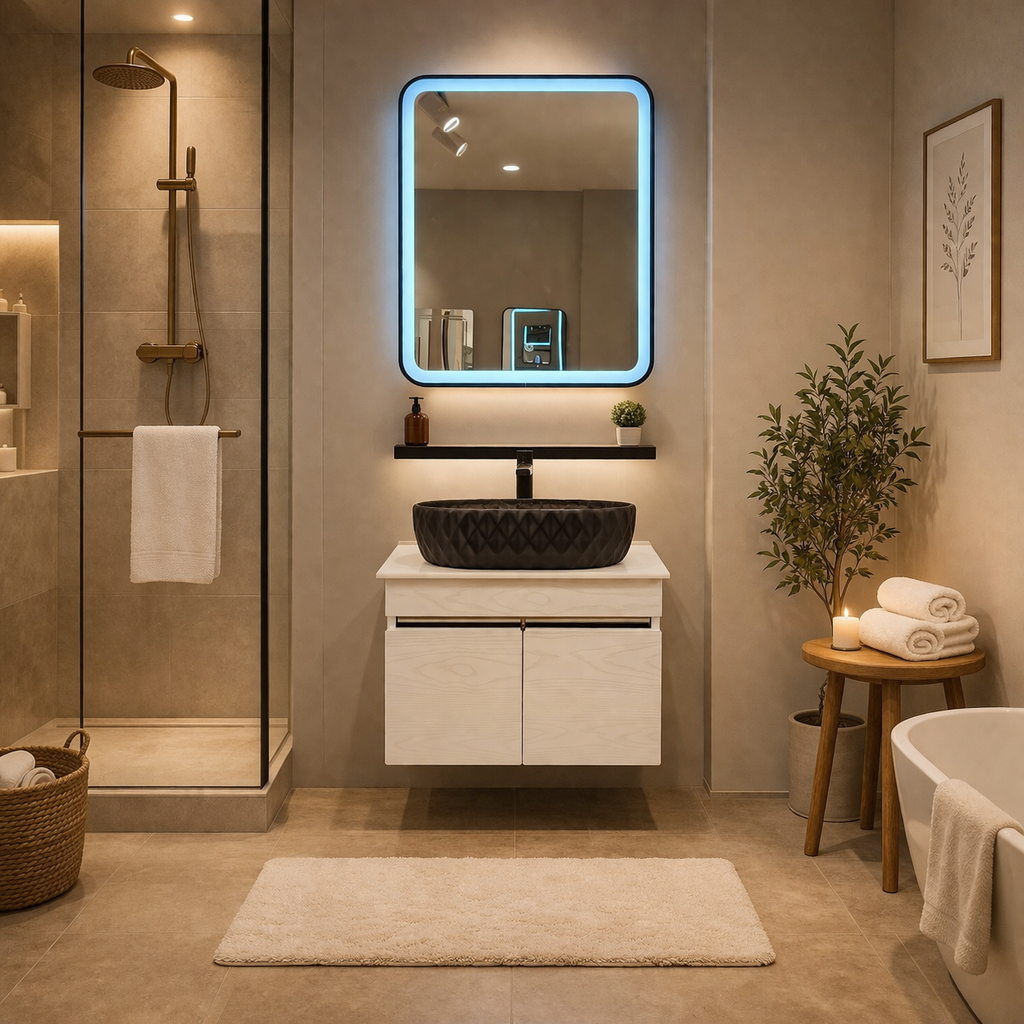 White with Pine wood Finish Wall Mounted Stainless Steel Vanity SS304 (24x18.5 inch) "Complete Set"