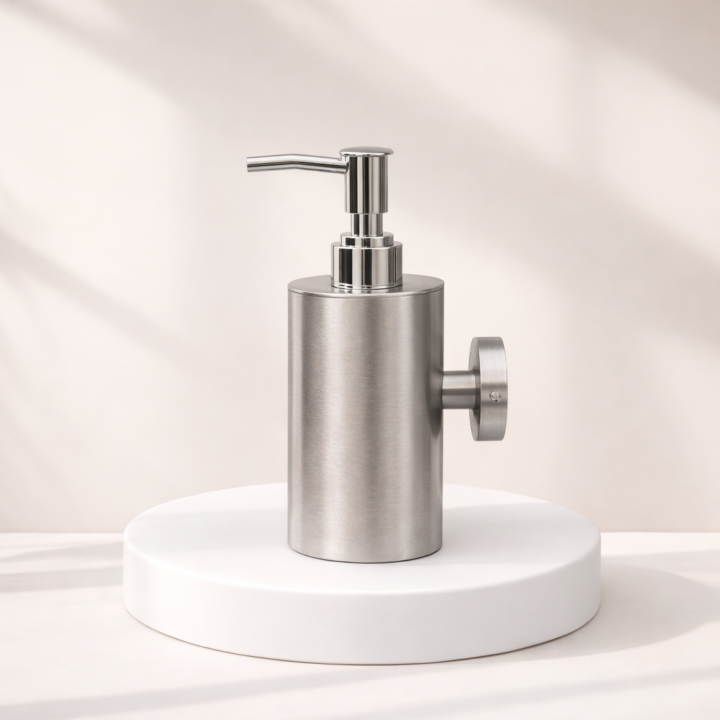 Satin Matt Finish Luxury Wall Mount Soap Dispenser – Stainless Steel, Anti-Rust, Easy Refill – Bathroom/Hotel/Office/School Use