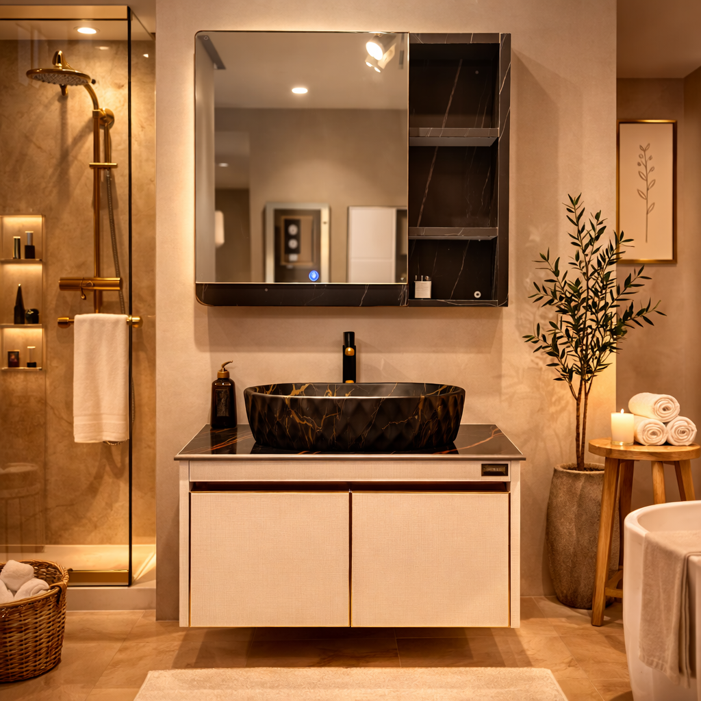 Sand Grey with CNC pattern, Wall Mounted Stainless Steel Vanity SS304 (24x18.5 inch) "Complete Set"