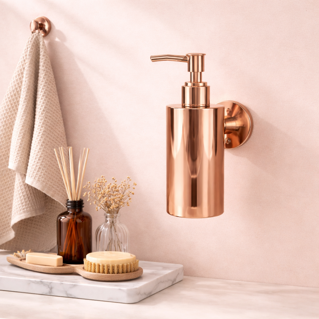 Premium Rose Finish Luxury Wall Mount Soap Dispenser – Stainless Steel, Anti-Rust, Easy Refill – Bathroom/Hotel/Office/School Use – Rose Gold Finish