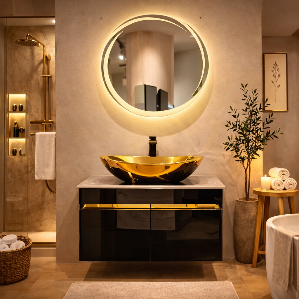 Black Mirror Gloss Finish Wall Mounted Stainless Steel Vanity with Rose Gold detailing SS304 (32x18.5 inch) "Complete Set"