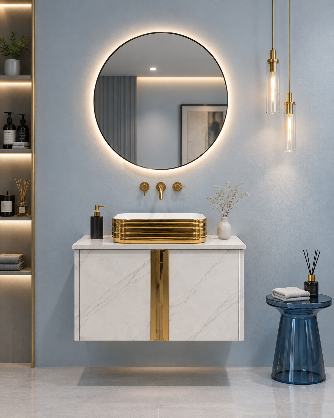 White Satvario Finish Wall Mounted with Gold detailing, now in Stainless Steel Material SS304 (24x18.5 inch) "Complete Set"