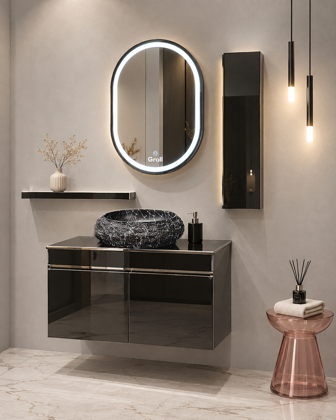 Black Mirror Gloss Finish Wall Mounted Stainless Steel Vanity with Rose Gold detailing SS304 (32x18.5 inch) "Complete Set"