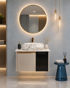 Premium moon grey with black toughened glass door Wall Mounted Stainless Steel Vanity SS304 with rose gold detailing & natural stone finish basin (24x18.5 inch) "Complete Set"