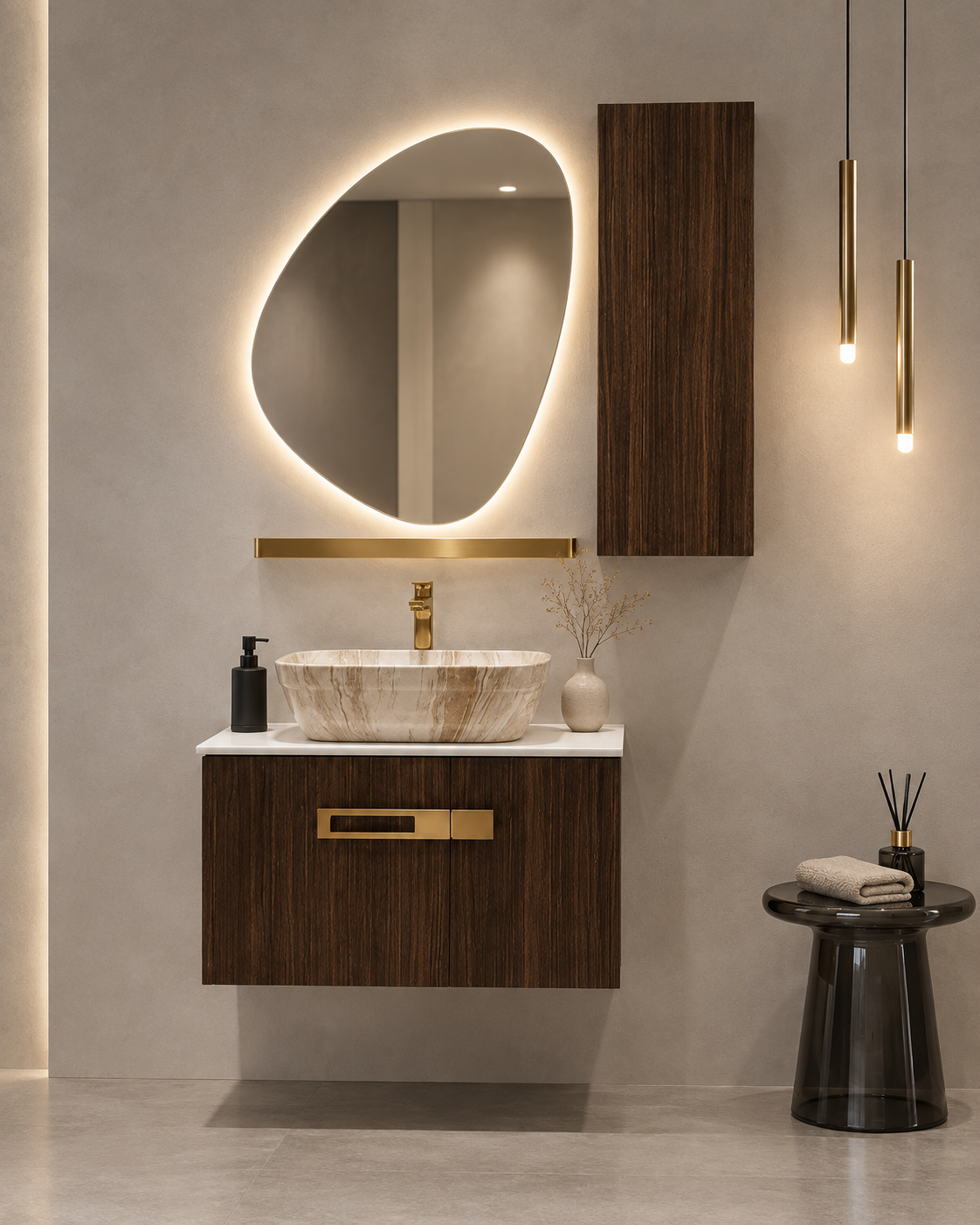 premium Teak Wood Finish Wall Mounted Stainless Steel Vanity SS304 with extra side storage (24x18.5 inch) "Complete Set"