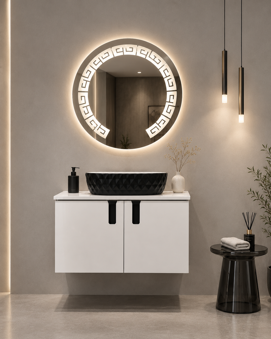 Premium Teeth White Finish Wall Mounted Stainless Steel Vanity SS304 with black detailing (24x18.5 inch) "Complete Set"