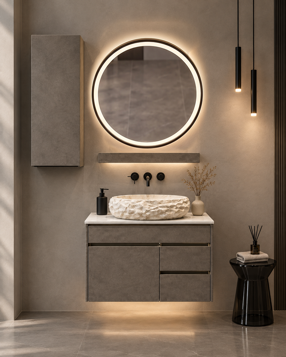 Premium armani grey Finish Wall Mounted Stainless Steel Vanity SS304 with extra side storage  (24x18.5 inch) "Complete Set"