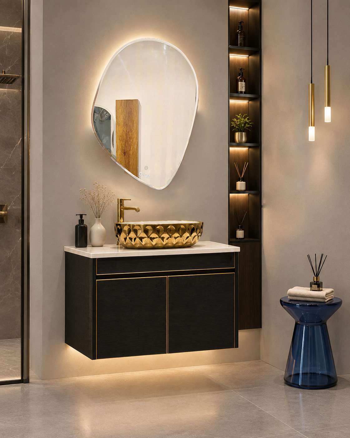 Premium Wall Mounted Stainless Steel Vanity with Black CNC Pattern & Rose gold Detailing in SS304 material (24x18.5 inch) "Complete Set"