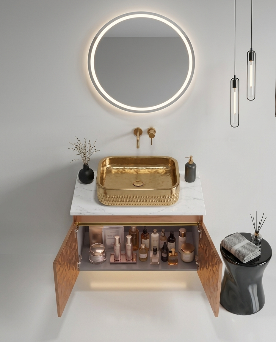 Diamond Cut Style Wall Mounted Stainless Steel Vanity in premium Rose Gold Finish SS304 (24x18.5 inch) "Complete Set"