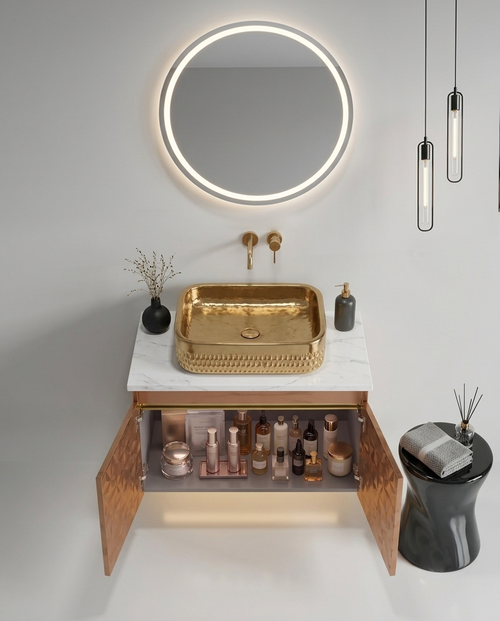 Diamond Cut Style Wall Mounted Stainless Steel Vanity in premium Rose Gold Finish SS304 (24x18.5 inch) "Complete Set"