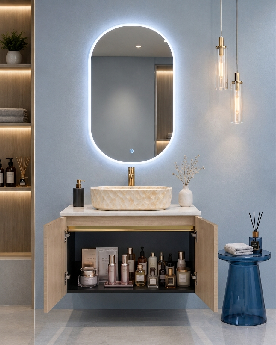 Premium Teak Wood Finish Wall Mounted Stainless Steel Vanity SS304 (24x18.5 inch) "Complete Set"