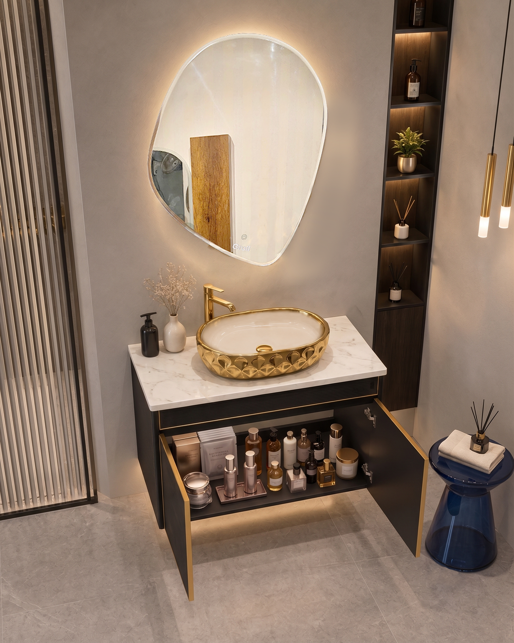 Premium Wall Mounted Stainless Steel Vanity with Black CNC Pattern & Rose gold Detailing in SS304 material (24x18.5 inch) "Complete Set"