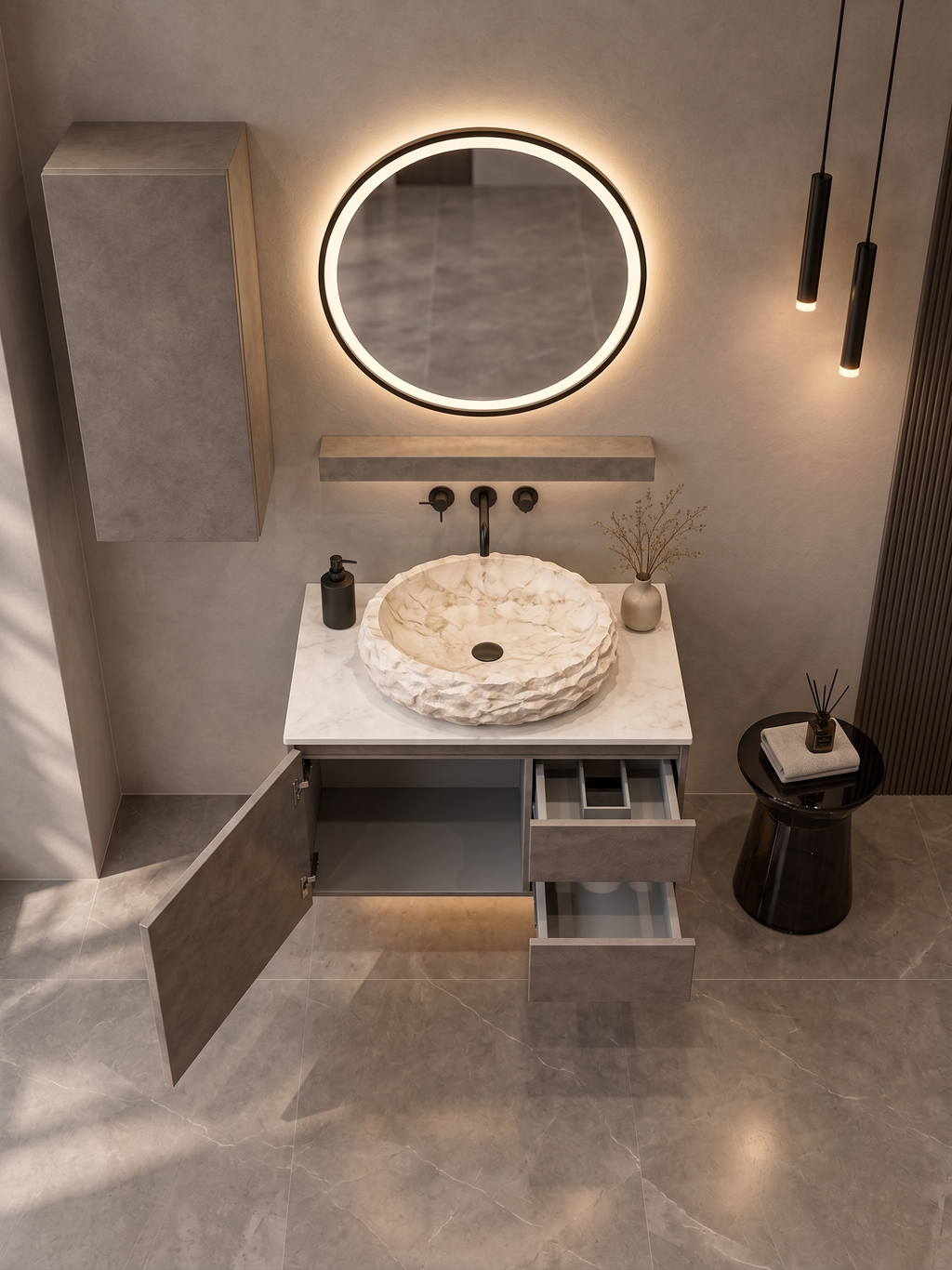 Premium armani grey Finish Wall Mounted Stainless Steel Vanity SS304 with extra side storage  (24x18.5 inch) "Complete Set"