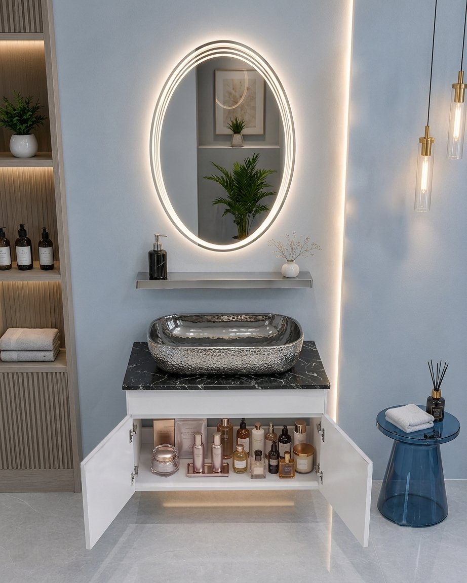 Premium Teeth White Finish Wall Mounted Stainless Steel Vanity SS304 (24x18.5 inch) "Complete Set"