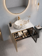 Premium moon grey with black toughened glass door Wall Mounted Stainless Steel Vanity SS304 with rose gold detailing & natural stone finish basin (24x18.5 inch) "Complete Set"