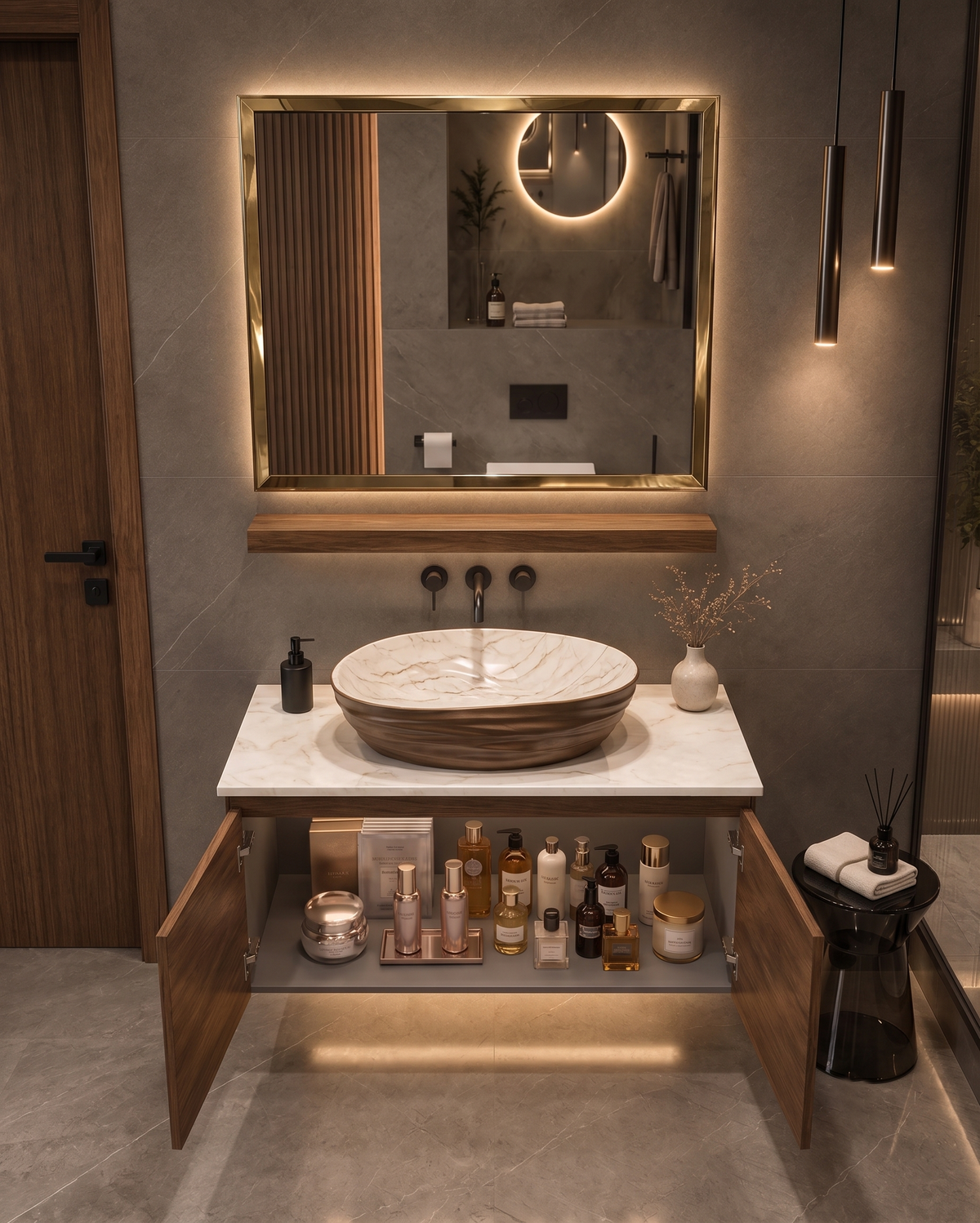 Teak Wood Finish Wall Mounted Stainless Steel Vanity SS304 (32x18.5 inch) "Complete Set"