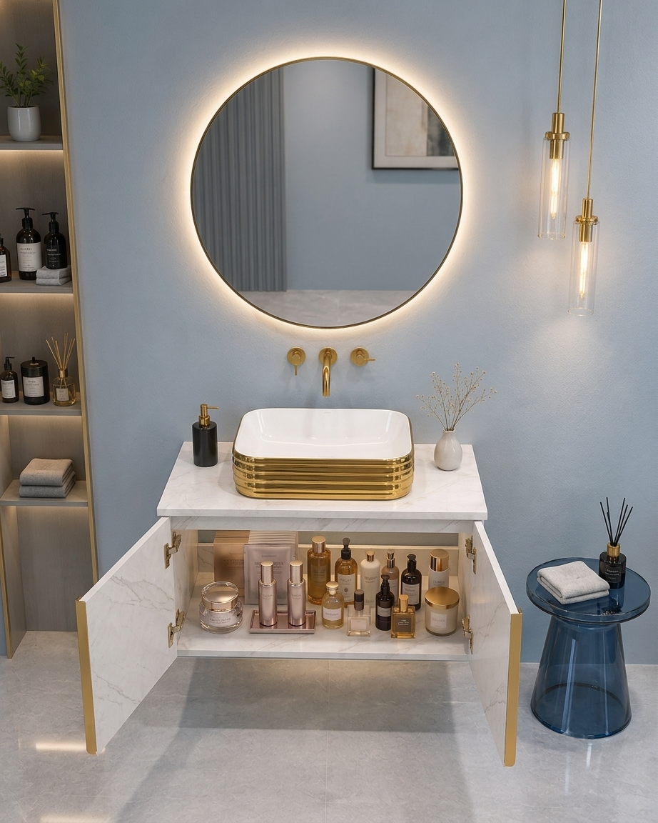White Satvario Finish Wall Mounted with Gold detailing, now in Stainless Steel Material SS304 (24x18.5 inch) "Complete Set"