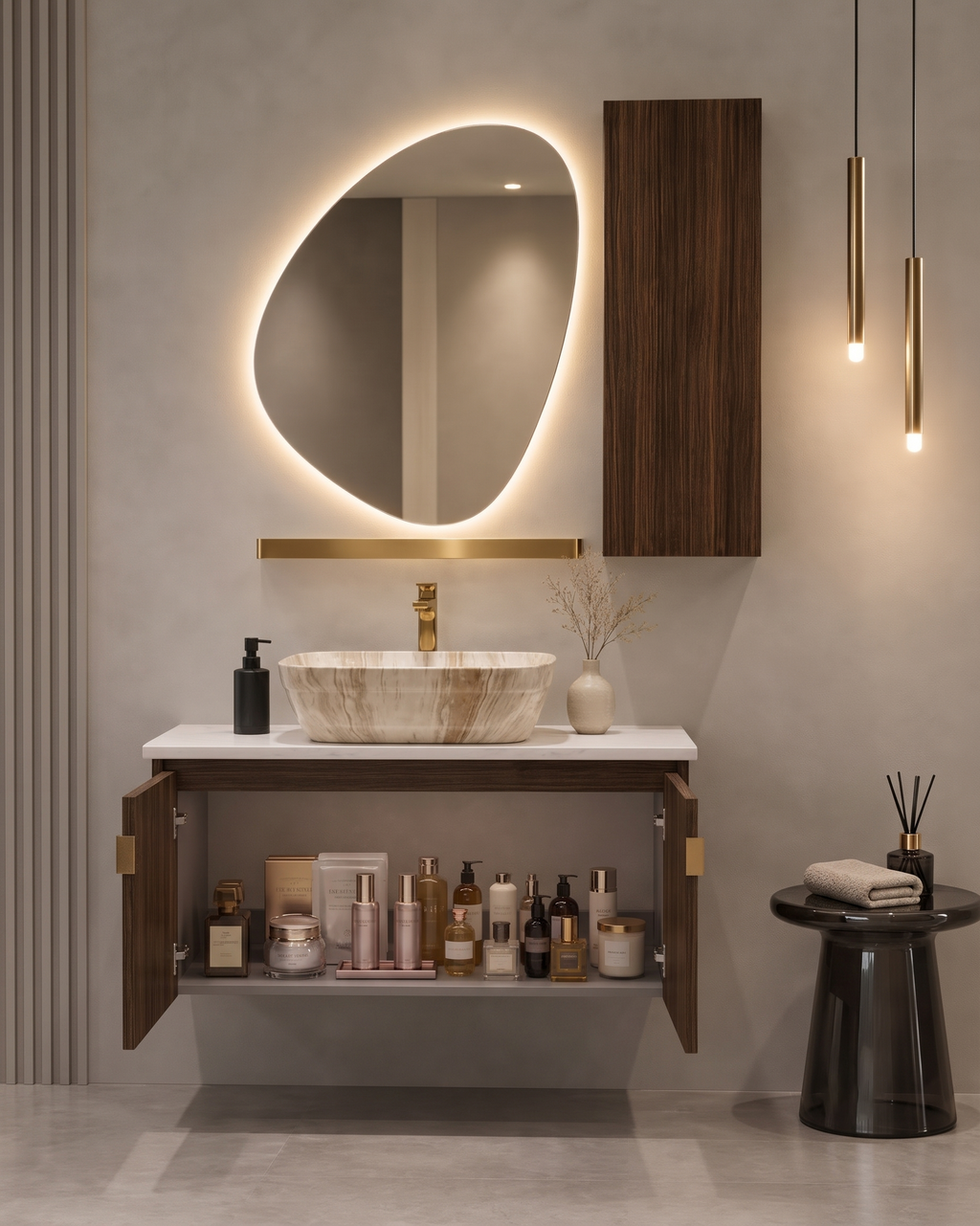 premium Teak Wood Finish Wall Mounted Stainless Steel Vanity SS304 with extra side storage (24x18.5 inch) "Complete Set"