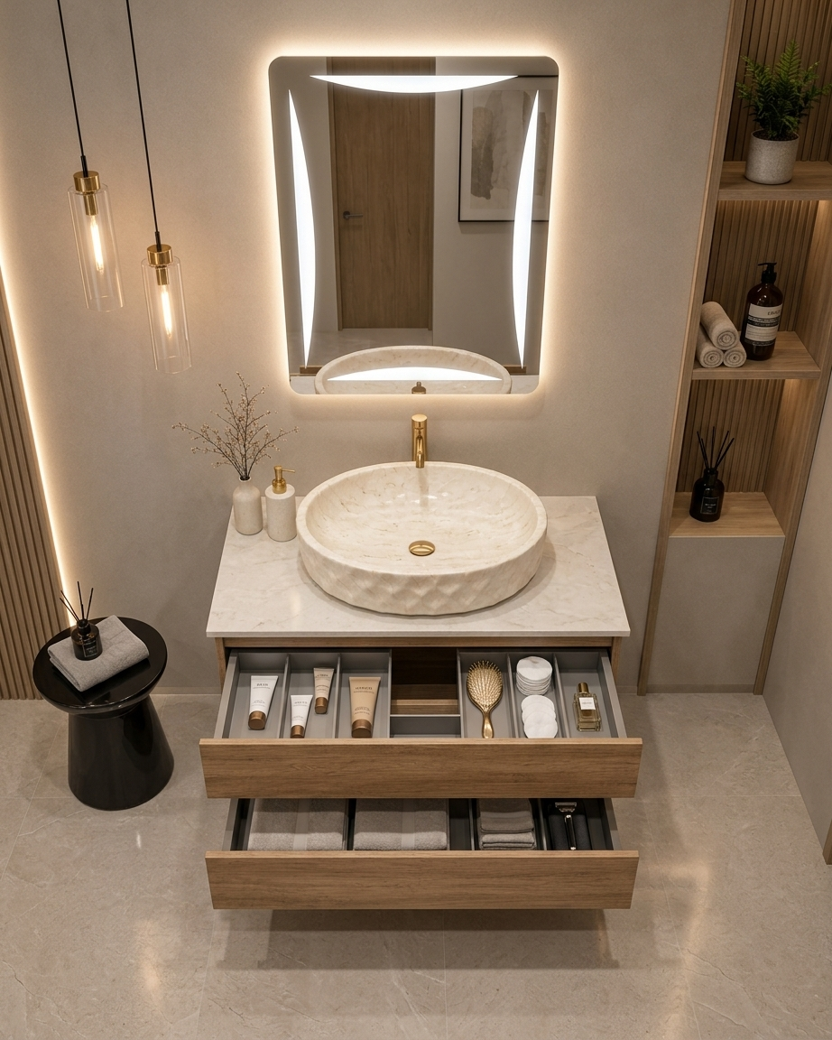 Premium Teak Wood Finish Wall Mounted Stainless Steel Vanity SS304 (24x18.5 inch) "Complete Set"