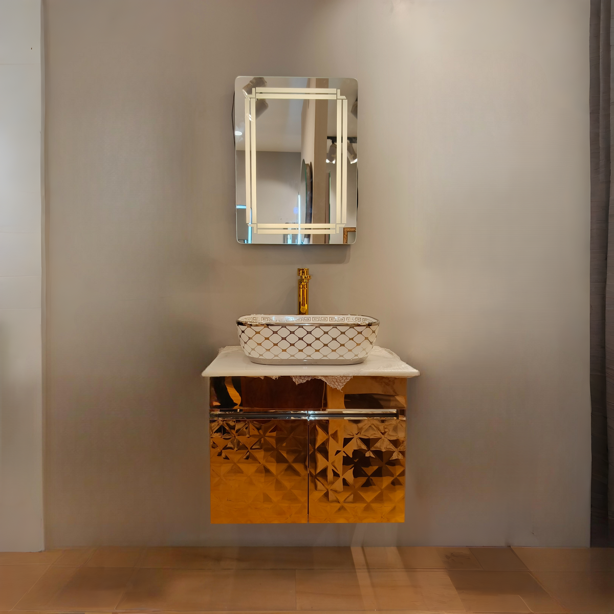 Diamond Cut Style Wall Mounted Stainless Steel Vanity in Rose Gold Finish SS304 (24x18.5 inch) "Complete Set"